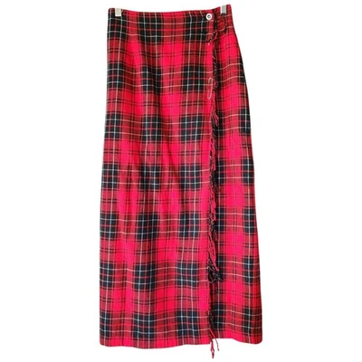 VTG Cambridge Dry Goods Skirt Womens 4 Red Black Plaid Midi Fringe Grunge 90s - Image 1 of 4