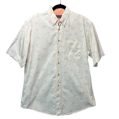 Vintage Y2K Trader Bay Sailboat Print Shirt M Beige Cotton Nautical Button Up - Image 1 of 4