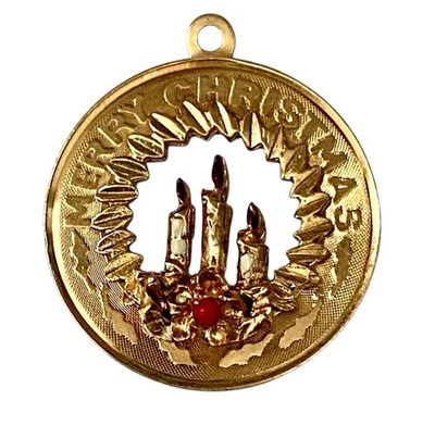 Vintage 14K Gold Merry Christmas Charm Pendant 1" wide Candles Holly MM - Image 1 of 4
