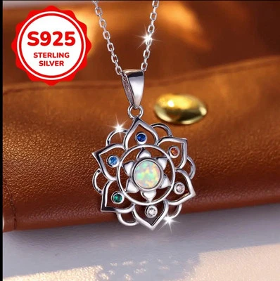 Collar Colgante Chakra Loto Circonita Ópalo Blanco Plata de Ley 925 Regalo Foto 1 de 3
