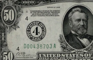 FR. 2100-D 1928 $50 FRN GOLD ON DEMAND CLEVELAND NUMERAL #4 HIGH GRADE (AGE) - Picture 1 of 3