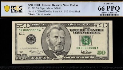 2001 $50 FRN CK00033000A 2 DIGIT RADAR P.C.G.S #66PPQ - Image 1 of 3