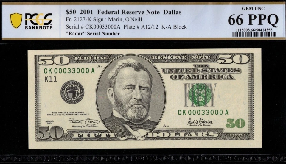 2001 $50 FRN CK00033000A 2 DIGIT RADAR P.C.G.S #66PPQ - Image 1 of 3