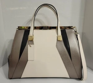 NWT CROMIA UNICA Italian Beige/Silver/Black Saffiano Leather Handbag - Picture 1 of 12