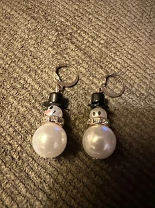 Hoop Design Dangle Snowman Earrings With Faux Pearls And Rhinestones Collars - Picture 1 of 5