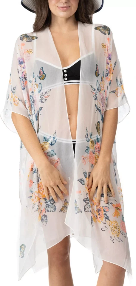 INC International Concepts 蝴蝶花卉女式和服遮瑕白色 — 第 1/1 张图片