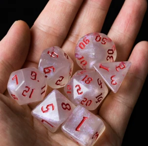 White Shimmer Acrylic Polyhedral Dice Set w/Red Gothic Font / TTRPG / D&D Dice - Picture 1 of 4