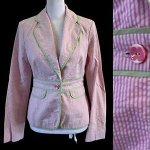 Vintage Lilly Pulitzer Pink Green Seersucker Stripe Blazer Notched Lapel Size 0
