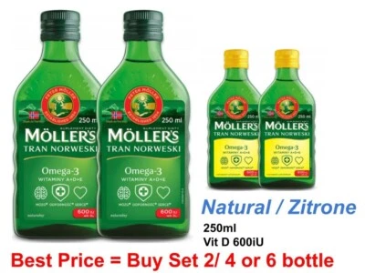 Fischöl ❤2x 250ml MOLLERS Tran Norwegian mit (Omega-3 EPA, DHA, vit D3) Möller's