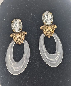 Clip On Dangle Earrings Door Knocker Clear Acrylic Hoop Rhinestone 3" Drop - Picture 1 of 6