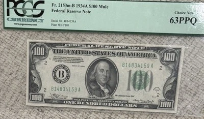 1934A $100 MULE Federal Reserve Note NEW YORK Fr 2153m-B PCGS 63PPQ - Image 1 of 4