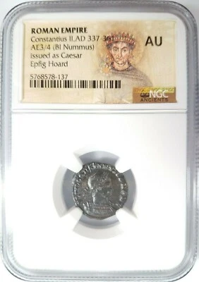 Констанций II Римская империя BI Nummus AE3/4 NGC AU Древний Epfig Клад Родословная - Изображение 1 из 4