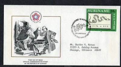 SURINAME 1976 FDC AMERICAN BICENTENNIAL FRANKLIN'S DIVIDED SNAKE POSTER 1754 - Image 1 of 2