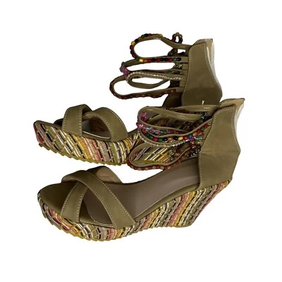 Sandalias boho gitanas coloridas plataforma con tiras y cuentas talla 9 de tacón de cuña para mujer nuevas sin caja Foto 1 de 4