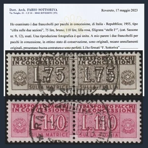 Italia Repubblica 1955 Pacchi in Concessione Filigr Stelle n. 9 + 12 Certificato - Foto 1 di 5