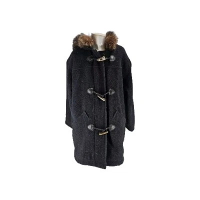 Abrigo para mujer Woolrich pequeño negro lana botón mapache ribete con capucha Foto 1 de 4