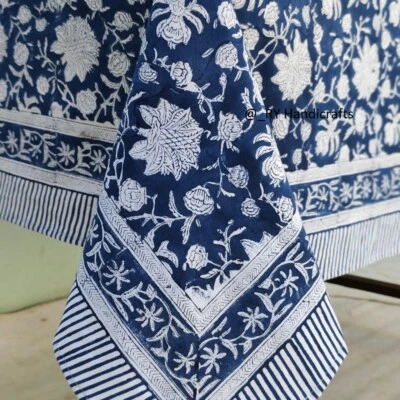 Blue & white hand Block Print tablecloth Indian Floral Cotton Custom Table linen - Image 1 of 4