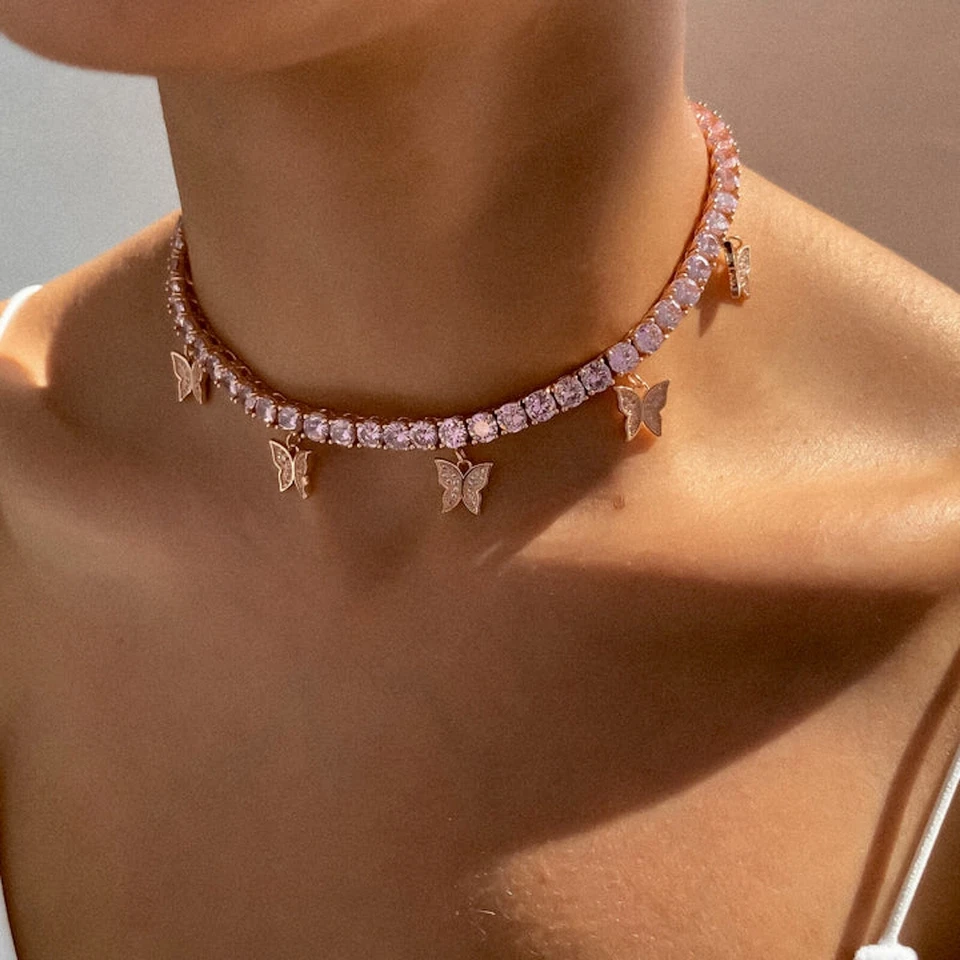 Collar tenis zafiro rosa creado en laboratorio de 5 mm relleno de oro rosa de 18k con mariposa Foto 1 de 4