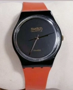 Swatch Watch Black Magic Original Swiss Red Band Gb101 Collectible 1983 Gold Acc - Picture 1 of 12