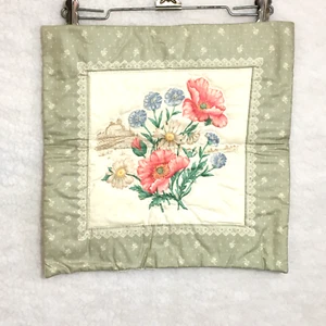 Hand stitched quilted wall hanging floral pink blue flowers w/ farm Vintage - Picture 1 of 7