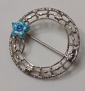 Vintage Sterling Silver With Blue Enamel Flower Round Brooch  - Picture 1 of 19