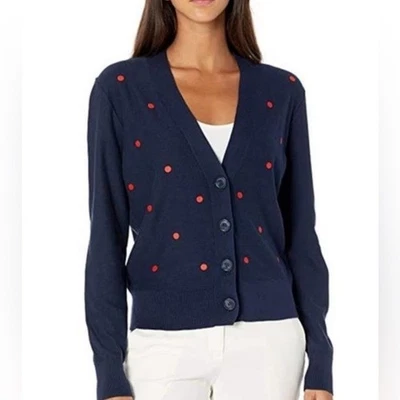 NWT J.Crew V-Neck Dot Cardigan in Navy/Red. Size S. - Image 1 of 4