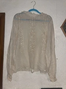 Vintage Romanian Hand Embroidered Sheer Blouse Embellished Stitching Womens L - Imagen 1 de 6