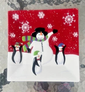 St Nicholas Square Jolly Two Square 9” Salad Plate Snowman Penguin Snowflakes B - Picture 1 of 6