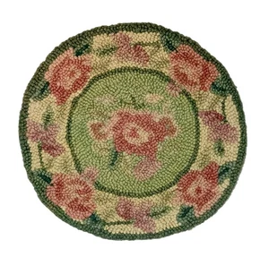 Vintage Hand Hooked Light Green Floral Round Chair Pad Wall Hanging Art 14" - Picture 1 of 4