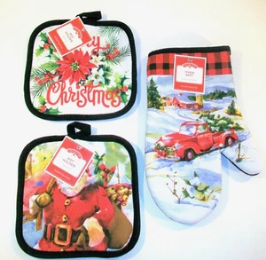 New Holiday Time 3 Pc Kitchen Set, Merry Christmas Pot Holders Oven Mitt, Santa - Picture 1 of 2