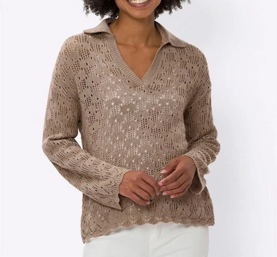 Mode von Heine Damen Pullover Oberteil V-Ausschnitt Langarm sesam NEU