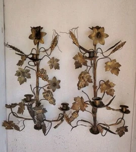 Jolie Paire D Appliques FLOR ART métal Doré 6 Bougeoirs Raisins Et Fleurs - Imagen 1 de 23
