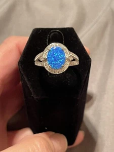 Anello in argento sterling 925 ovale grande blu creato in laboratorio opale zirconi misura 9 - Foto 1 di 12