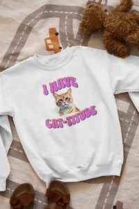 Cat-titude Youth Crewneck Sweatshirt, Kids Cat Sweatshirt, Cute Cat Jumper, - Picture 1 of 8