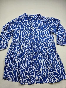 H&M Womens Blue & White Coral Print Long-Sleeve Dress XXL Linen Blend - Picture 1 of 4
