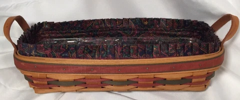 Longaberger Green & Burgundy Farmhouse Medium Long Basket 1997 Makeup Organizer Cover