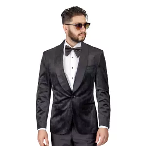 Chaqueta Blazer Esmoquin Terciopelo Negro Para Hombres Chal Solapa 1 Botón Calce Ajustado AZAR HOMBRE - Imagen 1 de 6