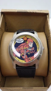 DC Green Lantern Watch Men Silver Tone Tank Brown Leather Cuff Band WORKS! - Picture 1 of 9