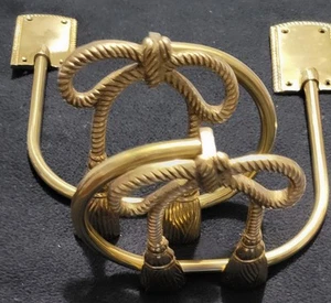 Vintage 1960's Brass Curtain Tie back pair w/Ribbon form - Metal 14" tall - Picture 1 of 9