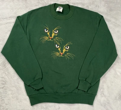 Sudadera Pullover De Colección Años 80 Gráfico Gato - Mujer Mediana M - Verde Foto 1 de 4