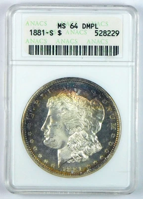 Dólar de plata Morgan 1881-S - ANACS MS 64 DMPL - Soporte para jabonera Foto 1 de 3
