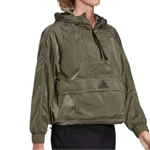 Adidas Windbreaker Cropped Wind Jacket Size L Olive Green Outdoor Athleisure - Picture 1 of 14