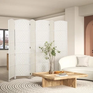 6 Weave Panel Room Divider Privacy Folding Screen Diamond Decor, White - Picture 1 of 11