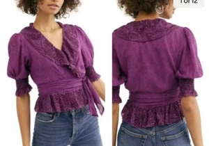 Free People Damen Olivia Animal Print Wickel Bluse Top Lila XS - Bild 1 von 11