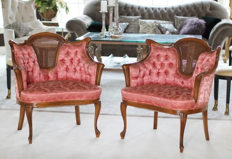 2 Louis XV Style Tufted Buttoned-Down French Regency Armchairs Chairs Pink Gold Cover