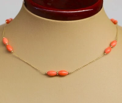 Lindo colar estação de ouro amarelo sólido 14K com pedra preciosa coral rosa natural - Imagem 1 de 4