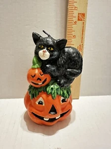 Vintage Halloween Sculpted Black Cat Pumpkin Candle Unlit * - Picture 1 of 7