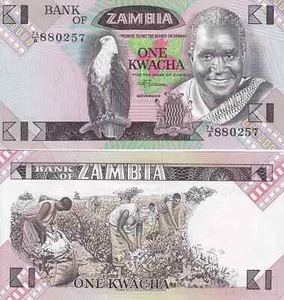 ZAMBIA 1 KWACHA 1980-1988 UNC 76-A,WORKERS PICKING COTTON,AFRICAN EAGLE,Obverse, - Picture 1 of 1
