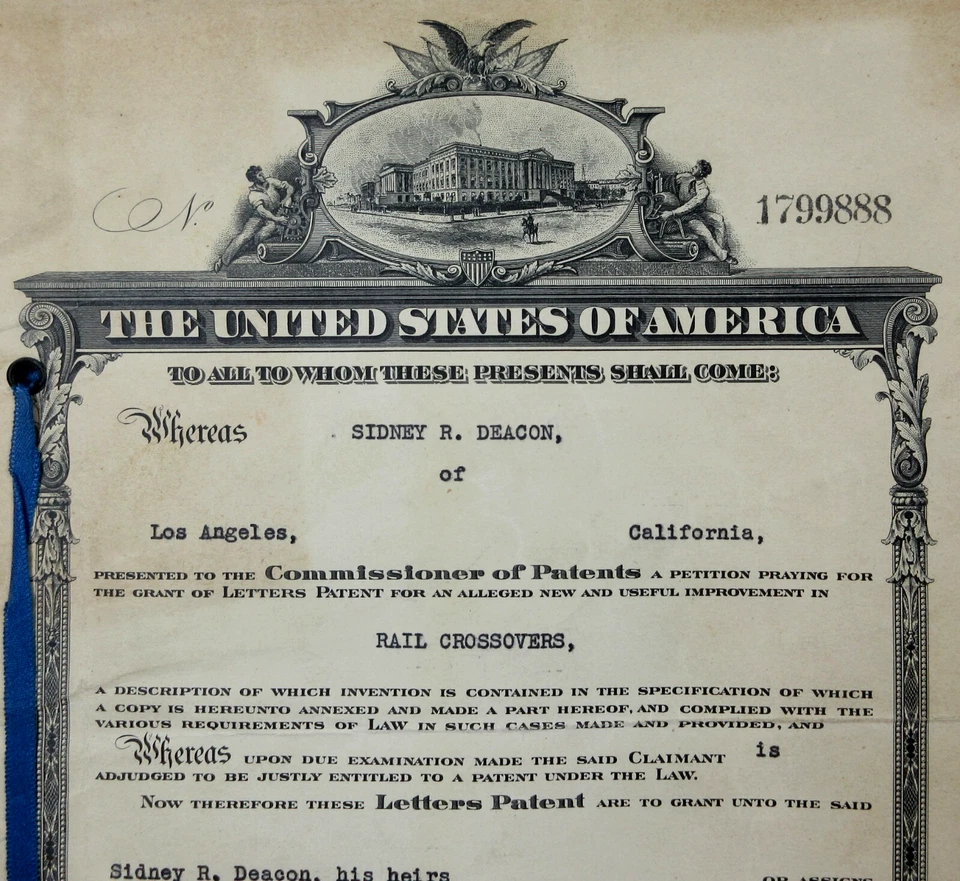 US Patent Office Certificate Railroad Track Crossover Photo Sidney Deacon 1931 - Image 1 of 4