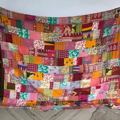Art Kantha Queen Quilt Boho Vintage Reversible Blanket Cotton Bohemian Throw - Image 1 of 4
